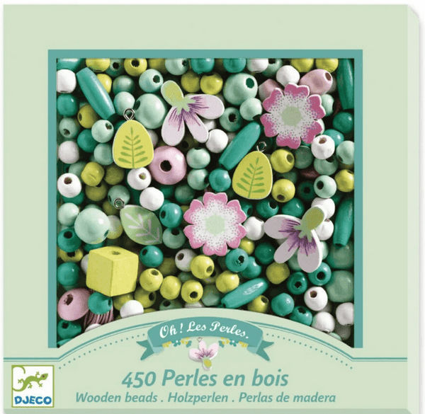 450 Perlas madera hojas y flores Djeco