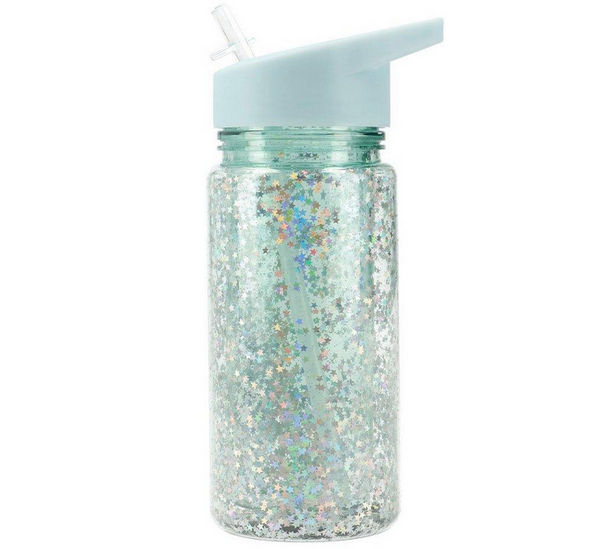 Botella Plástico con Pajita Glitter Stars Turquoise